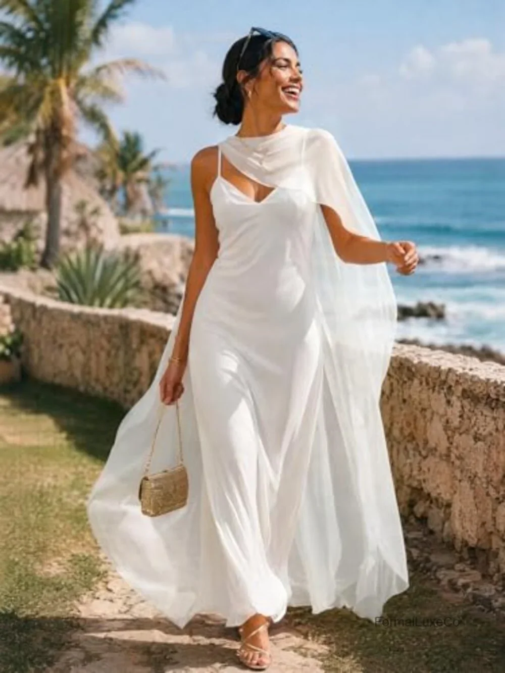 Women's Flowy Long Cape Shawl Sheer Chiffon Bridal Cover Up Pearl Button Closure